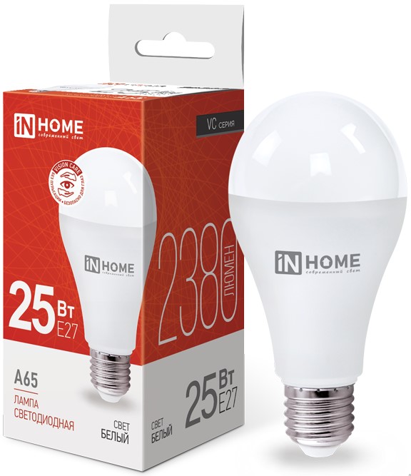 

Лампа светодиодная IN HOME 4690612024080 LED-A65-VC 25Вт грушевидная 4000К нейтральный, белый E27 2380лм, 4690612024080