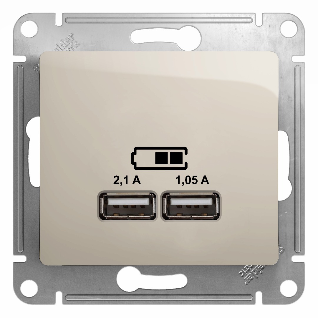 

Розетка Schneider Electric GSL000933 GLOSSA, USB, 5В/2100мА, 2х5В/1050мА, механизм, молочный, GSL000933