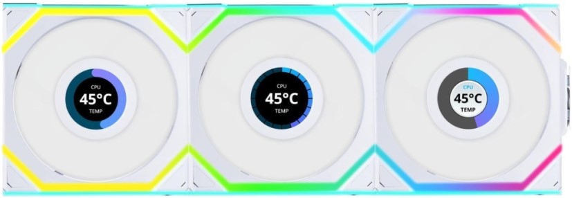

Вентилятор для корпуса Lian Li UNI FAN SL WIRELESS LCD 120 G99.12SLLCD1W3W.R0 120mm, 1900rpm, 51.45CFM, 29.5dBa, 4-pin PWM, 1.6” LCD дисплей (3-pack), UNI FAN SL WIRELESS LCD 120