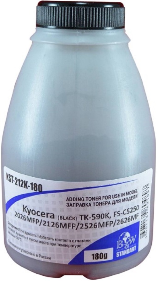

Тонер B&W (Black&White) KST-212K-180 для Kyocera TK-590K, FS-C5250/2026MFP/2126MFP/2526MFP Black (фл. 180г) 7K Standart Tomoegawa фас.Россия, KST-212K-180