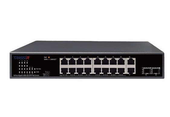 

Коммутатор неуправляемый TRASSIR TR-NS14202S-185-16POE с 16 PoE портами (10/100/1000 Мбит/с Base-T PoE port),и 2 SFP портами и 2 RJ-45 Uplink ports,, TR-NS14202S-185-16POE
