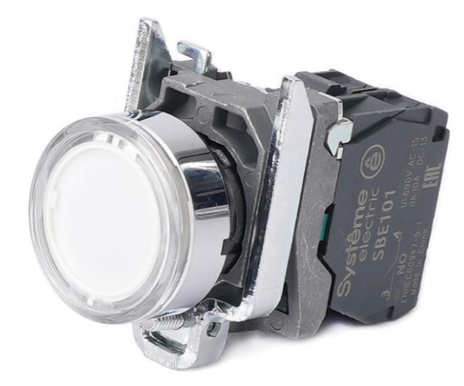 

Кнопка Systeme Electric SB4BW31M1 SB4 с подсвет в сборе модуль 22мм белая металл 230-240ВAC 1НО, SB4BW31M1