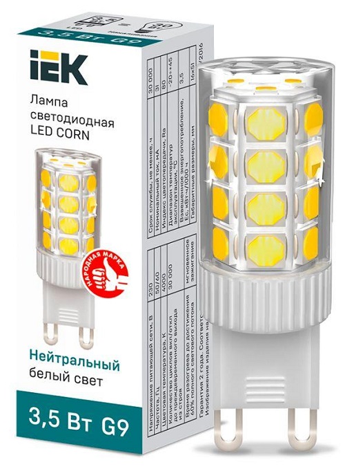 

Лампа светодиодная IEK LLE-CORN-4-230-40-G9 Corn 3.5Вт капсульная 4000К нейтр. бел. G9 230В керамика, LLE-CORN-4-230-40-G9
