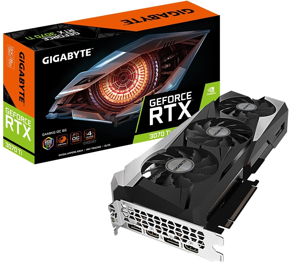 

Видеокарта PCI-E GIGABYTE GeForce RTX 3070 Ti GAMING OC (GV-N307TGAMING OC-8GD) 8GB GDDR6X 256bit 8nm 1575/19000MHz 2*HDMI/2*DP RTL, GeForce RTX 3070 Ti GAMING OC (GV-N307TGAMING OC-8GD)