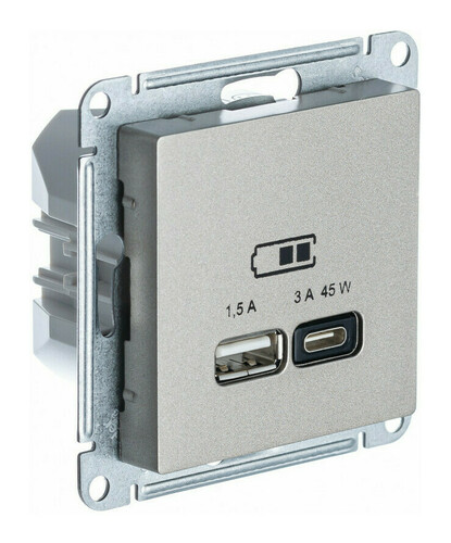 

Розетка USB Systeme Electric ATN000529 AtlasDesign A + тип-C 45Вт высокоскор.заряд. QC,PD, мех., Шампань, ATN000529