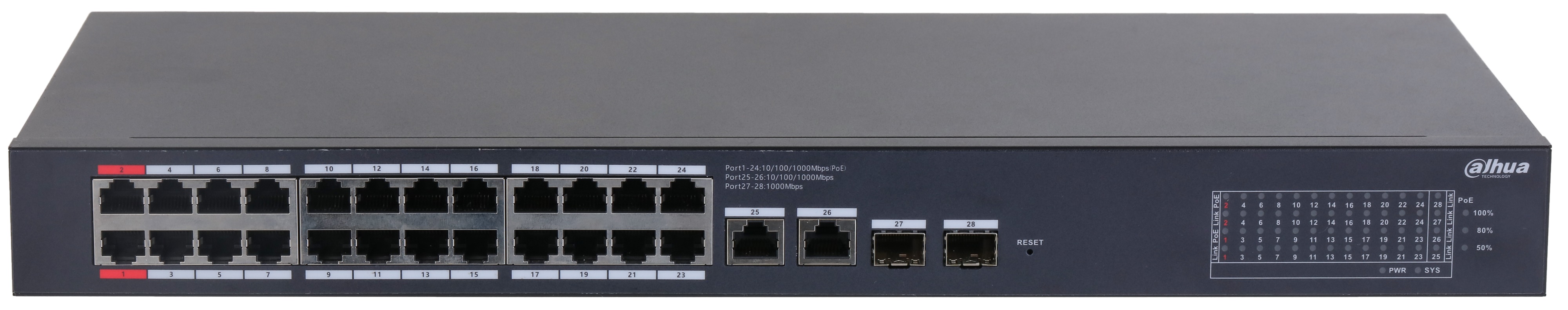 

Коммутатор Dahua DH-CS4228-24GT-375 24-портовый гигабитный PoE с функцией облачного управления, DH-CS4228-24GT-375