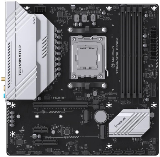 

Материнская плата mATX MAXSUN MS-Terminator B850M WIFI (AM5, AMD B850, 4*DDR5, 4*SATA 3.0, 2*M.2, WiFi, BT, USB 3.2, USB 2.0, USB Type-C, PCIe, HDMI,, MS-Terminator B850M WIFI