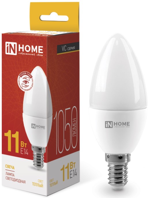 

Лампа светодиодная IN HOME 4690612020464 LED-СВЕЧА-VC 11Вт свеча 3000К теплый, белый E14 1050лм, 4690612020464