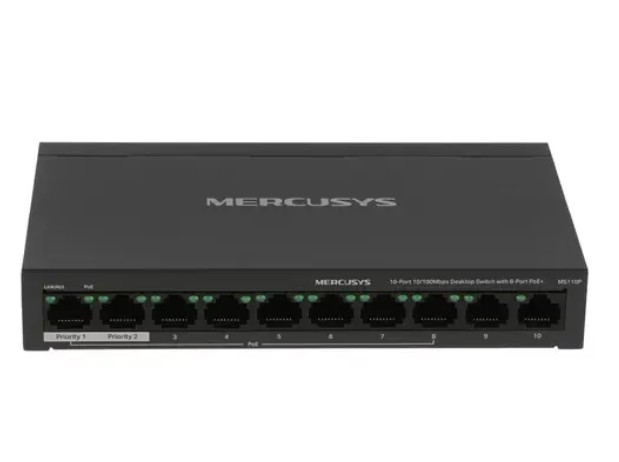 

Коммутатор неуправляемый Mercusys MS110P 10-Port 10/100Mbps with 8-Port PoE+, MS110P