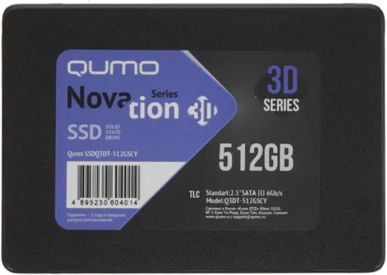 

Накопитель SSD 2.5'' Qumo Q3DT-512GSCY Novation 512GB SATA 6Gb/s 3D TLC 560/520MB/s IOPS 45K/80K MTBF 1.5 TBW 300, Q3DT-512GSCY