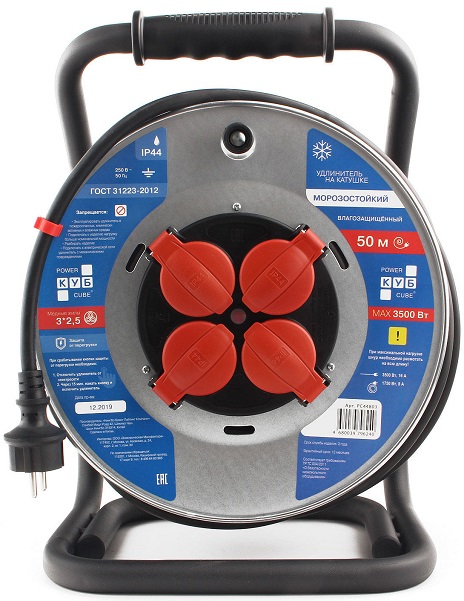 

Удлинитель силовой Power Cube PC44803 IP44, 16А, 50м, резина, 3*2,5мм2, 4 роз. с/з, PC44803