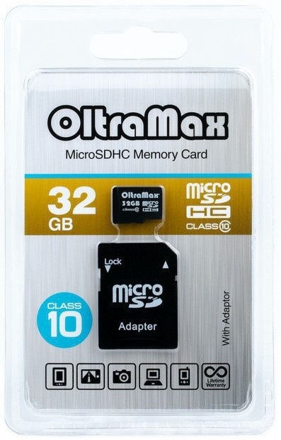 

Карта памяти 32GB OltraMax OM032GCSDHC10-AD microSDHC Class 10 + SD адаптер, OM032GCSDHC10-AD