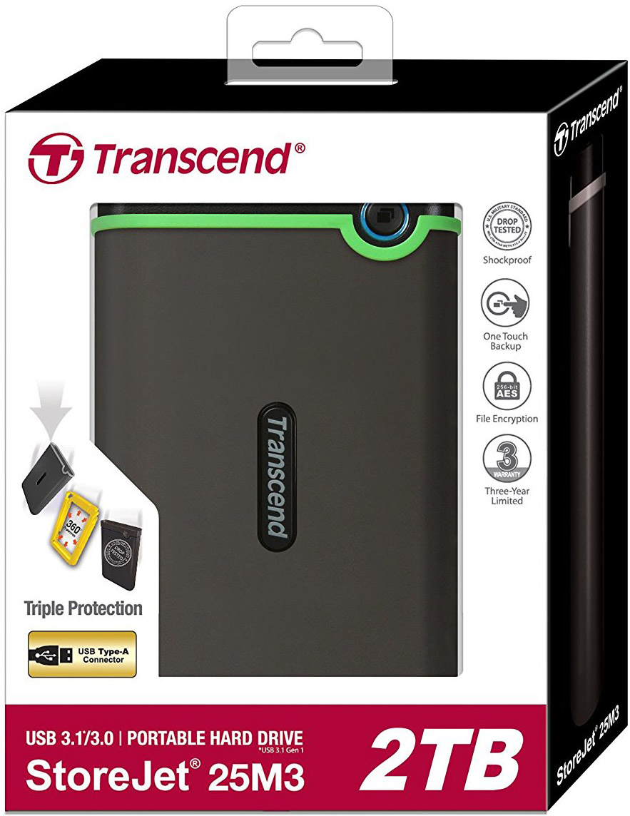 

Внешний жесткий диск 2.5'' Transcend TS2TSJ25M3S 2TB StoreJet 25M3S USB 3.0 черный с зеленым, TS2TSJ25M3S