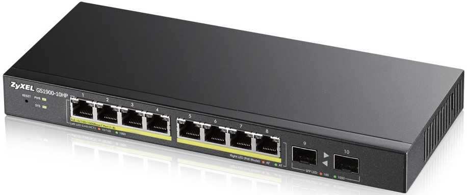 

Коммутатор управляемый ZYXEL GS1900-10HP Smart L2 PoE+, 8xGE PoE+, 2xSFP, настольный, бесшумный, бюджет PoE 77Вт, GS1900-10HP