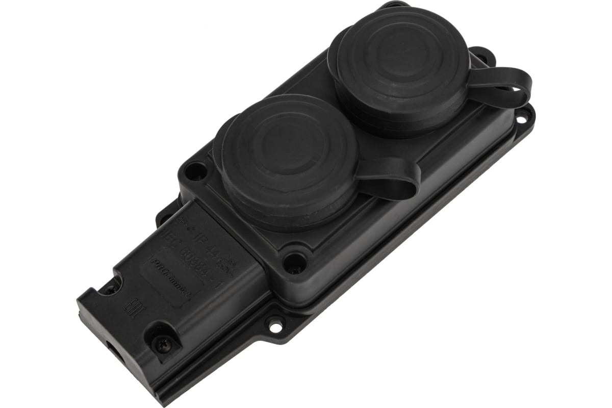 

Розетка PROconnect 111-112-4 (колодка) штепсельная двухместная влагозащищенная 2P+PE 230V, 16 А, IP44 каучук, 111-112-4