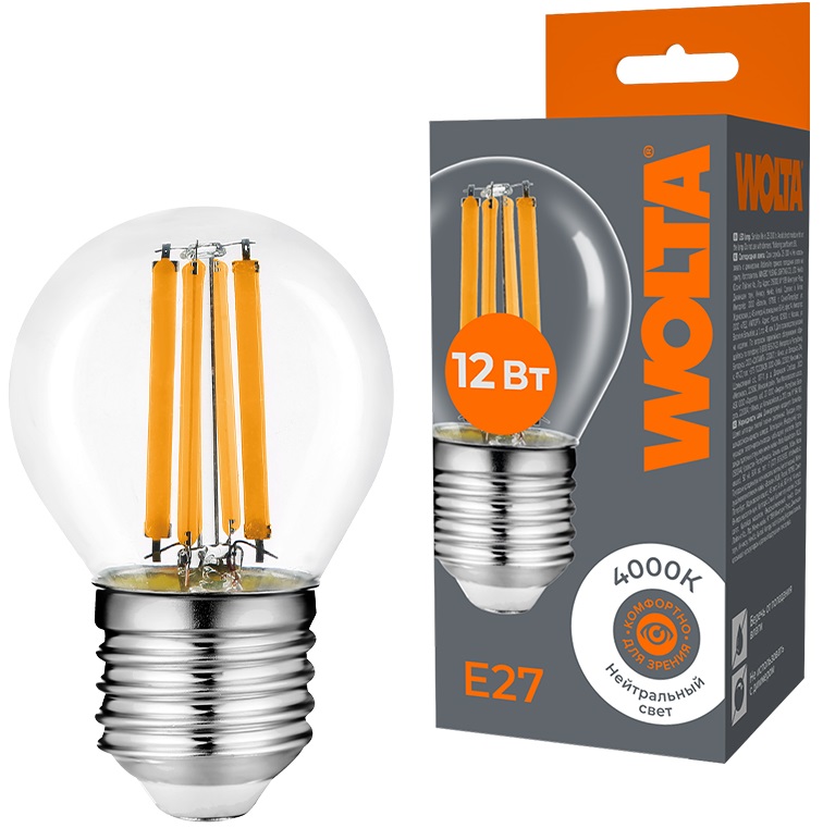 

Лампа светодиодная WOLTA WF-G45-12W4KE27 FILAMENT 12Вт 4000K E27, WF-G45-12W4KE27