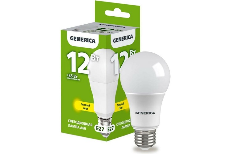 

Лампа светодиодная GENERICA LL-A60-12-230-30-E27-G A60 12Вт грушевидная 3000К E27 230В, LL-A60-12-230-30-E27-G