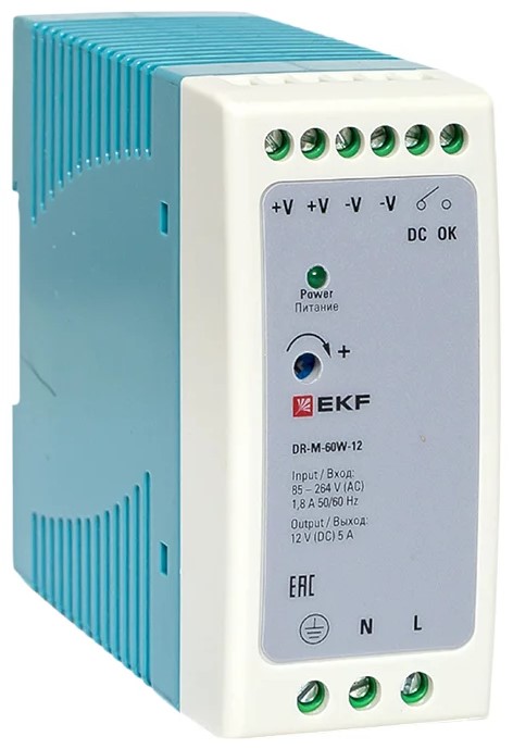 

Блок питания EKF DR-M-60W-12 на дин рейку 60 Вт, 220 В AC /12 В DC, DR-M-60W-12