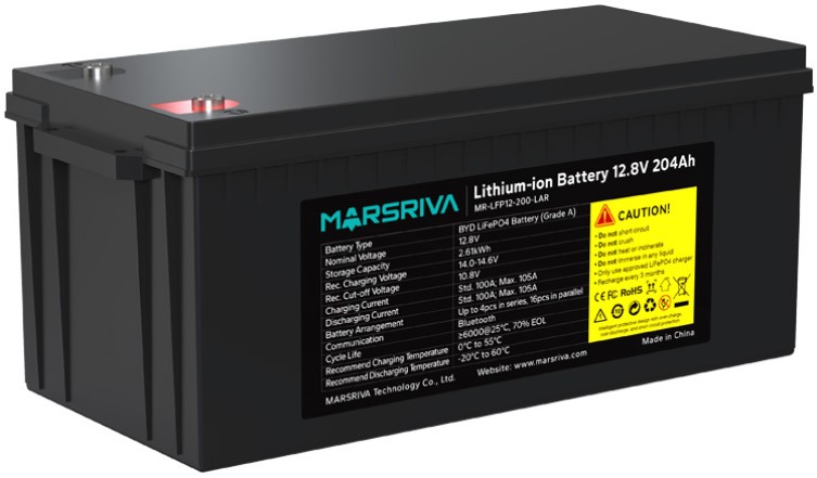 

Батарея Marsriva MR-LFP12-200-LAR LiFePO4, 12.8В/204Ач, BYD, Класс A, 2.61кВт*ч, 6000 циклов, MR-LFP12-200-LAR