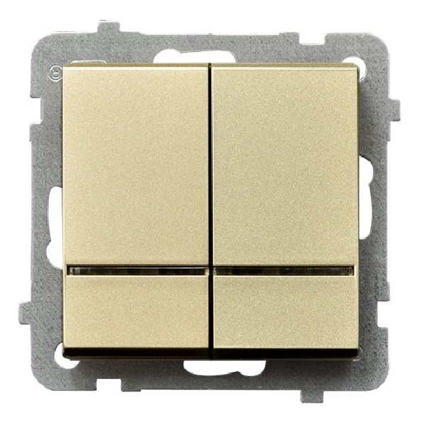 

Выключатель Ospel LP-2RS/m/39 для двух групп ламп, с подсветкой синего цвета, 16AX, 250V, 3520W, IP-20, клеммы безвинтовые, шампанский золотой, LP-2RS/m/39