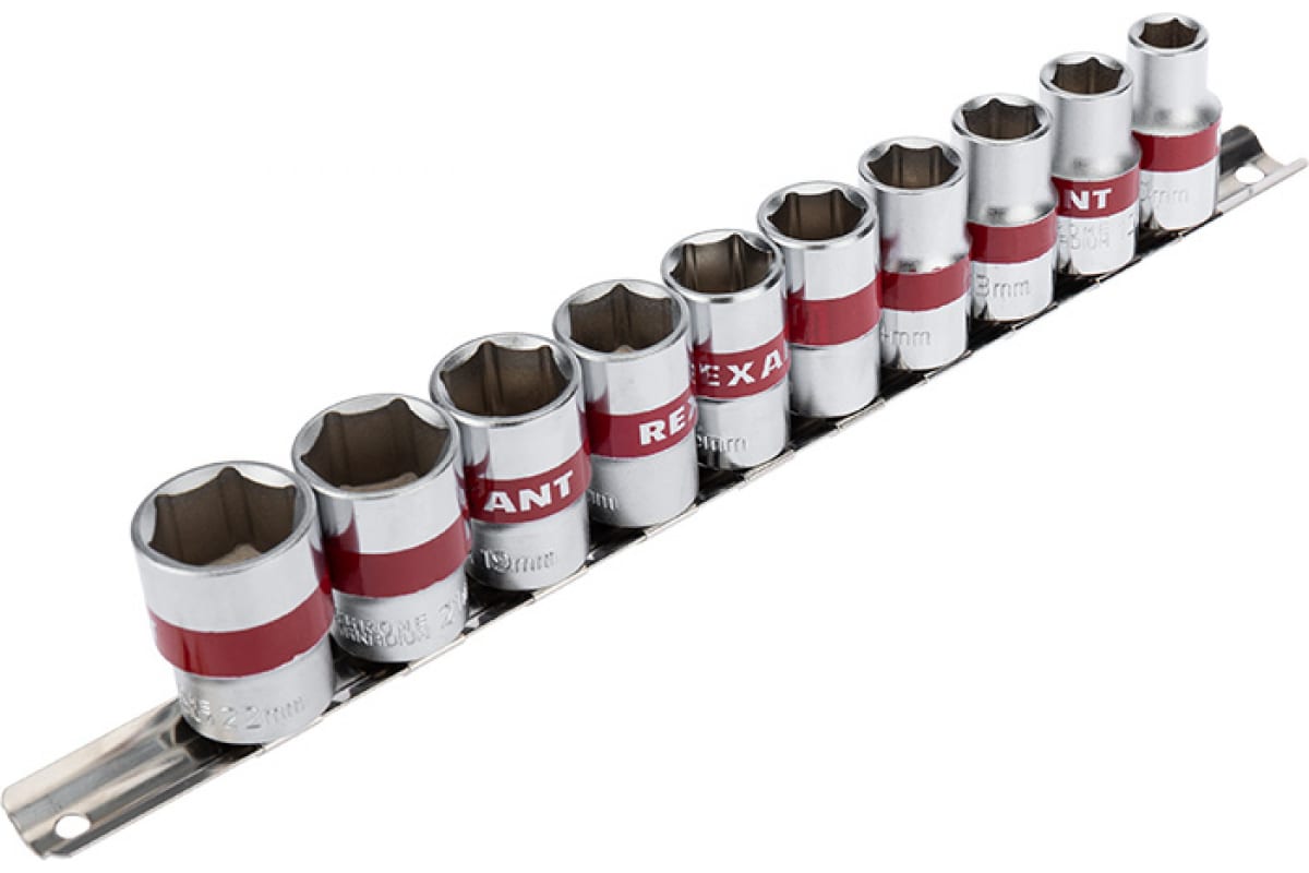 

Набор Rexant 12-8306 торцевых головок 1/2, шестигранные, CrV, 10 шт., 10-22мм, 12-8306