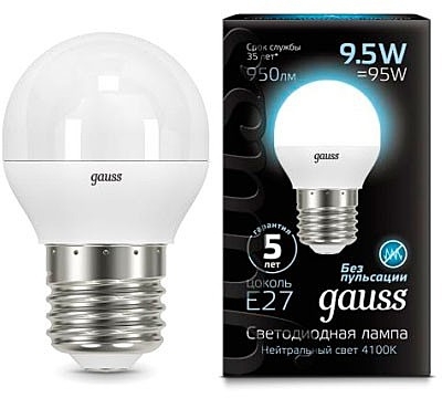

Лампа светодиодная Gauss 105102210 LED Шар E27 9.5W 950lm 4100K, 105102210