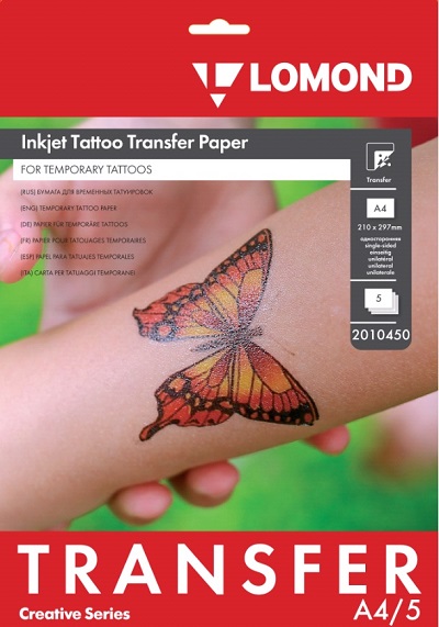 

Бумага Lomond 2010450 для временных татуировок Inkjet Tattoo Transfer, А4, 5л, 2010450