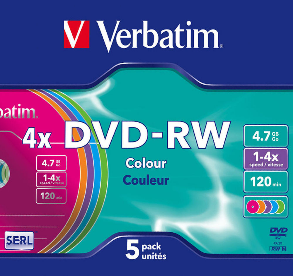 

Диск DVD-RW Verbatim 43563 4.7ГБ, 4x, 5шт., Slim Case, Color, 43563