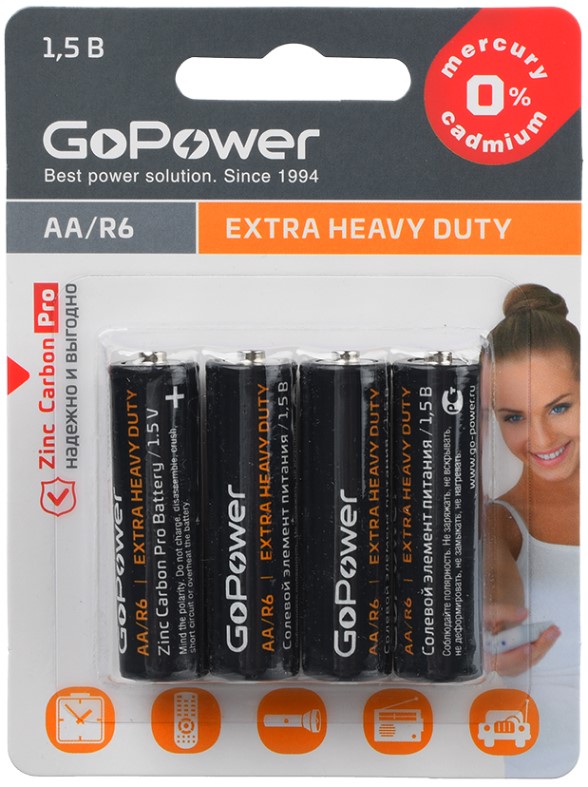 

Батарейка GoPower 00-00015594 R6 AA BL4 Heavy Duty 1.5V блистер (4 шт.), 00-00015594