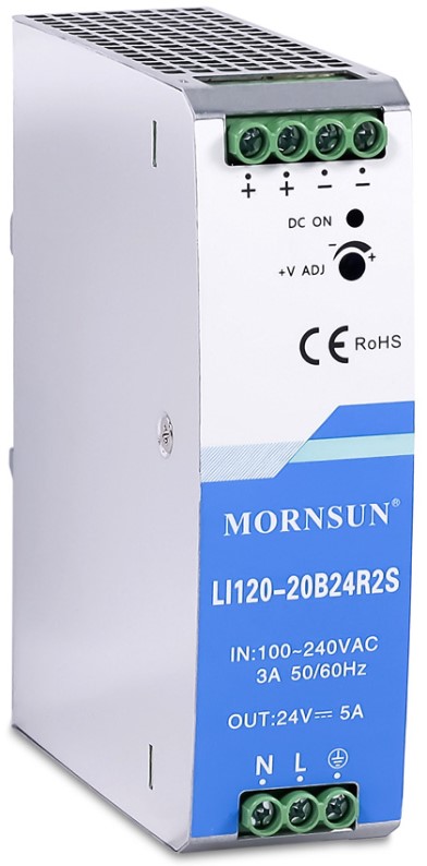 

Преобразователь AC-DC сетевой Mornsun LI120-20B24R2S 120Вт, вход 110/220В авто, выход 24В/5A, рег. вых 24…28В, изоляция 4000В AC, на DIN-рейку 36х125х, LI120-20B24R2S