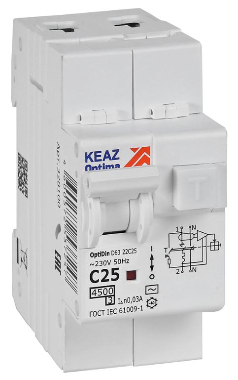 

Автомат дифференциальный КЭАЗ 328100 OptiDin D63-22C25-AC-У3 2P C25A 30mA 4,5кА, 328100