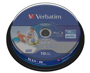 

Диск BD-R Verbatim 43804 25ГБ, 6x, 10шт., Cake Box, Printable, 43804