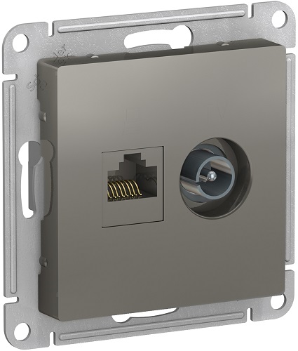 

Розетка Schneider Electric ATN000989 AtlasDesign, двойная, комп+ТВ, RJ45+TV, кат.5E, механизм, сталь, ATN000989