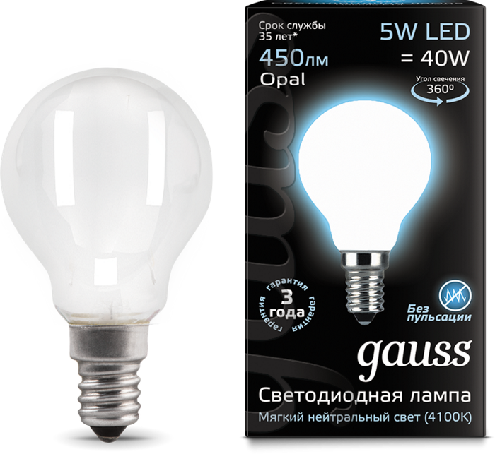 

Лампа светодиодная Gauss 105201205 LED Filament Шар OPAL E14 5W 450lm 4100K, 105201205
