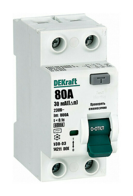 

УЗО DEKraft 14211DEK ВДТ 2P 80А 30мА тип AC 6кА, 14211DEK