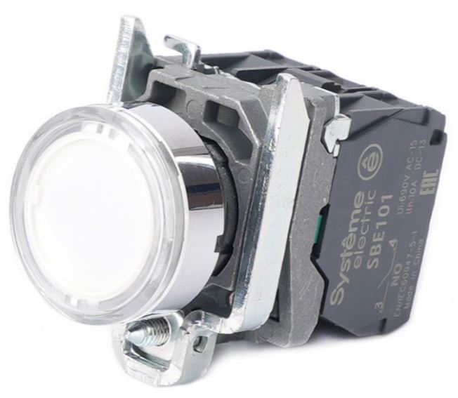 

Кнопка Systeme Electric SB4BW31B5 SB4 с подсветкой в сборе модульная 22мм белая металл 24ВDC 1НО+1НЗ, SB4BW31B5