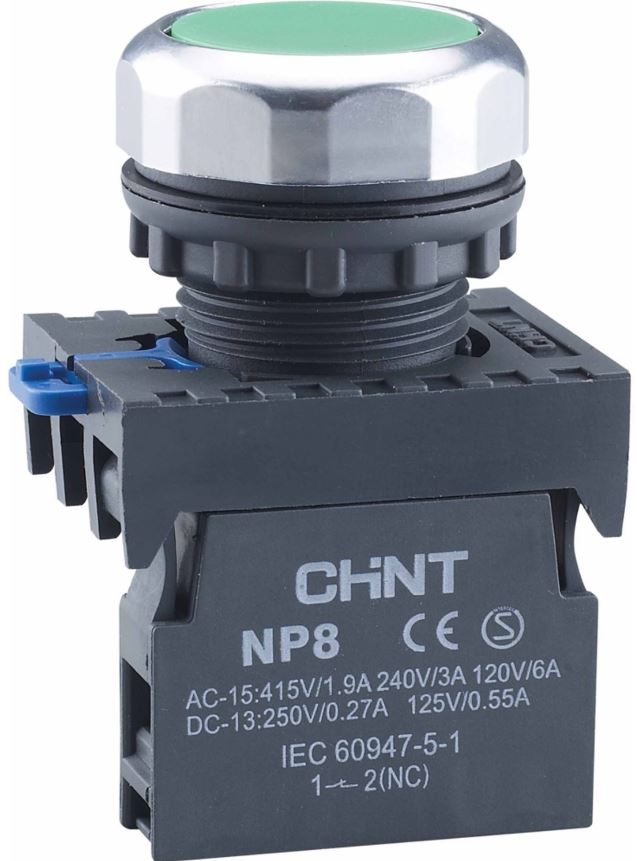 

Кнопка управления CHINT 368583 NP8-12BN/3 без подсветки, самовозв., зеленый, 1НО+2НЗ, IP65 (R), 368583