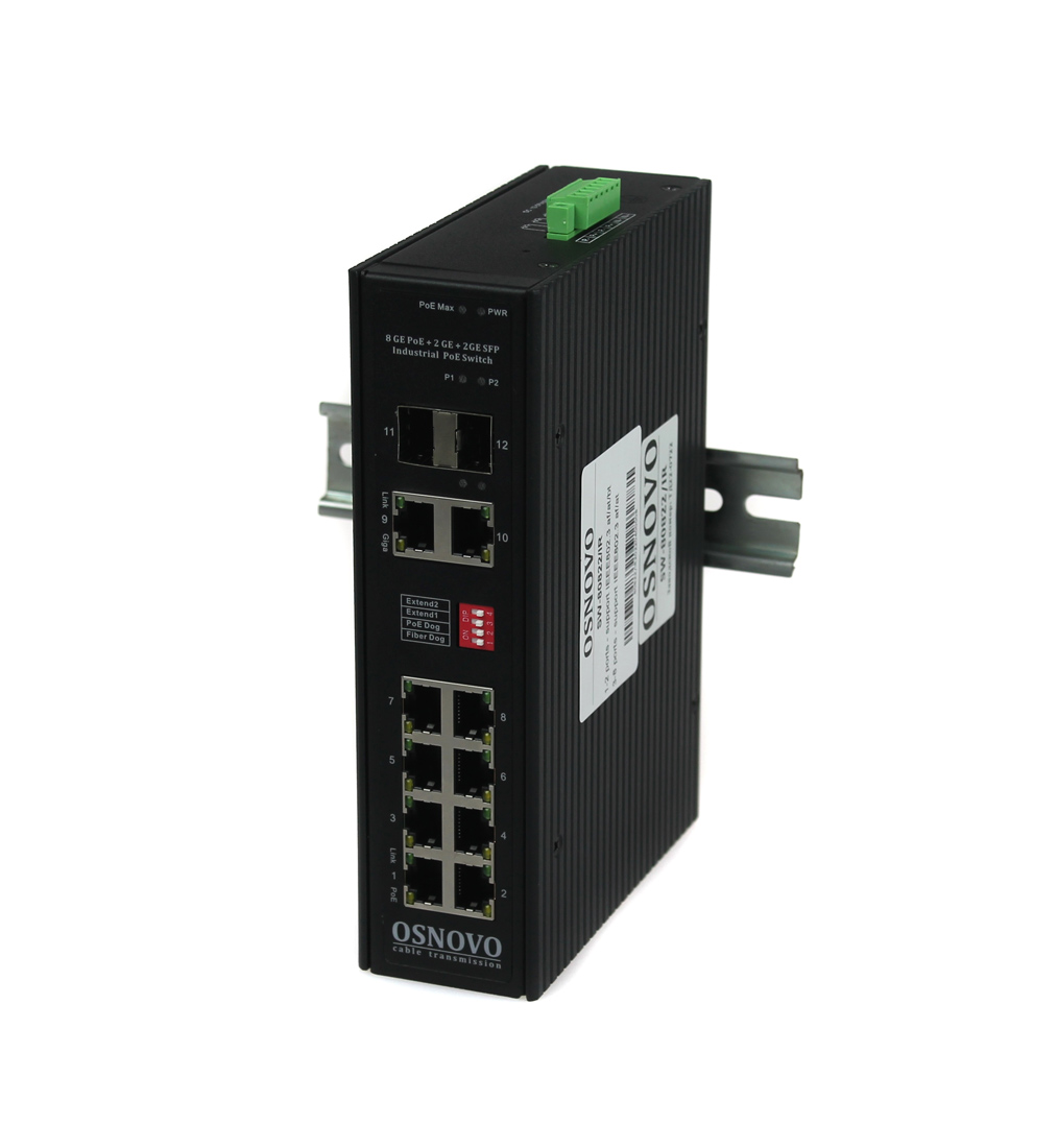 

Коммутатор PoE OSNOVO SW-80822/IR промышленный Gigabit Ethernet на 10 портов. Порты: 8 x GE (10/100/1000Base-T) с PoE (до 30W) + 2 x GE Combo (RJ45 10, SW-80822/IR