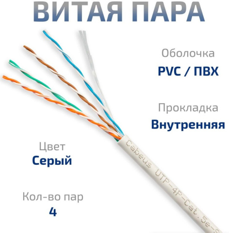 фото Кабель витая пара U/UTP 5e кат. 4 пары Cabeus UTP-4P-Cat.5e-SOLID-GY-50 в Краснодаре