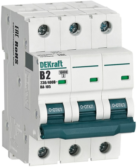 Изображение товара Автоматический выключатель DEKraft 13125DEK 3-pol IP20 2А 230В 10кА