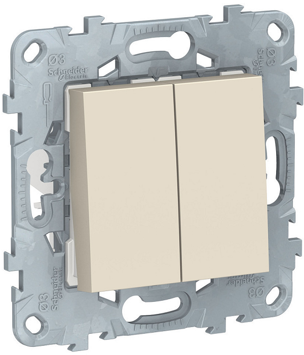 

Переключатель Schneider Electric NU521544 Unica New бежевый 2-кл, перекрестный, 2 x сх. 7, 10 AX, 250В, NU521544