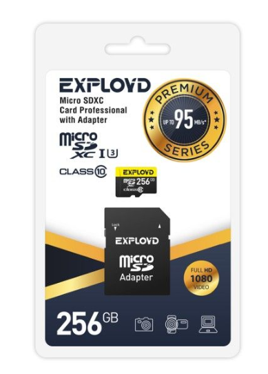 

Карта памяти MicroSDXC 256GB Exployd EX256GCSDXC10UHS-1-ElU3 Class 10 Premium UHS-I U3 (95 Mb/s) + SD адаптер, EX256GCSDXC10UHS-1-ElU3