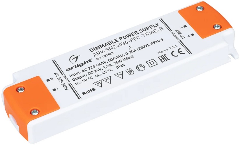 

Блок питания Arlight ARV-SN24036-PFC-TRIAC-B 027633 (24V, 1.5A, 36W) IP20 пластик, ARV-SN24036-PFC-TRIAC-B