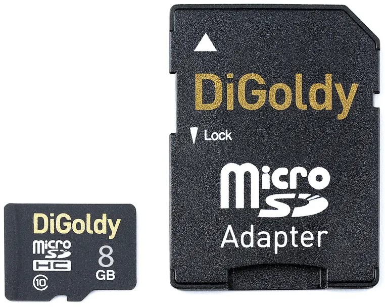 

Карта памяти MicroSDHC 8GB DiGoldy DG008GCSDHC10-AD Class 10 + SD адаптер, DG008GCSDHC10-AD