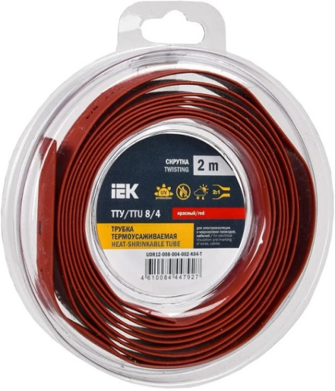 Изображение товара Термоусадочная трубка IEK UDR12-008-004-002-K04-T, 2 м, красная, 8 мм вхД до усадки