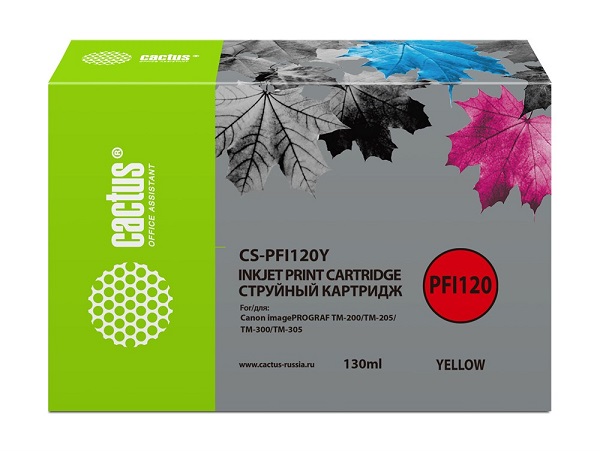 

Картридж Cactus CS-PFI120Y струйный для Canon imagePROGRAF TM-200/TM-205/TM-300/TM-305, желтый (130мл), CS-PFI120Y