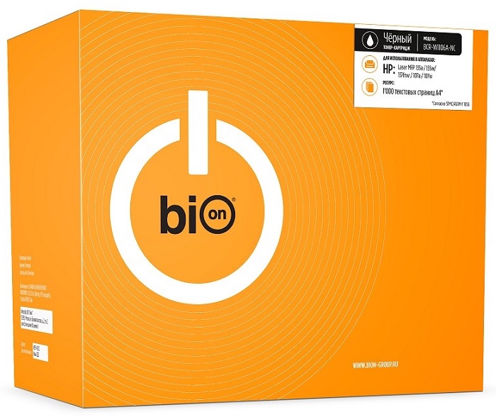 

Картридж BION BCR-W1106A-NC W1106A-NC для HP Laser 107r/107a/107w/135a/135r/135w/137fnw (1000 стр.), Черный, без чипа, BCR-W1106A-NC