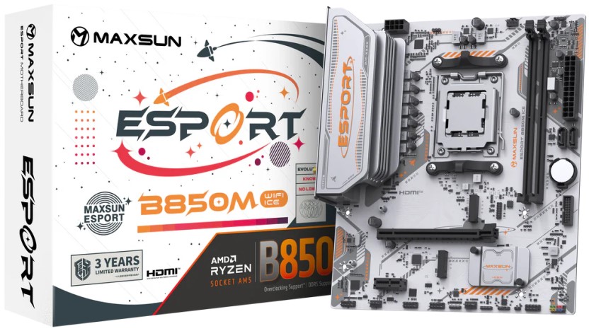 

Материнская плата mATX MAXSUN MS-eSport B850M WIFI ICE (AM5, AMD B850, 2*DDR5, 2*SATA 3.0, 2*M.2, WiFi, BT, USB 3.2, USB 2.0, USB Type-C, PCIe, HDMI,, MS-eSport B850M WIFI ICE