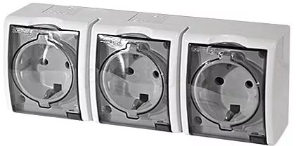 

Розетка Simon 1594447-030 Simon 15 Aqua Белый 3-я с/з с крышкой с защитными шторками наружная,IP54, 1594447-030