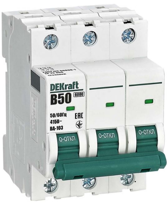 

Автоматический выключатель DEKraft 12246DEK 3Р 50А х-ка B ВА-103 6кА, 12246DEK